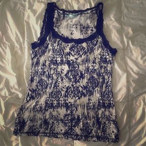 Black and White Tribal Damask Print Top with Lace